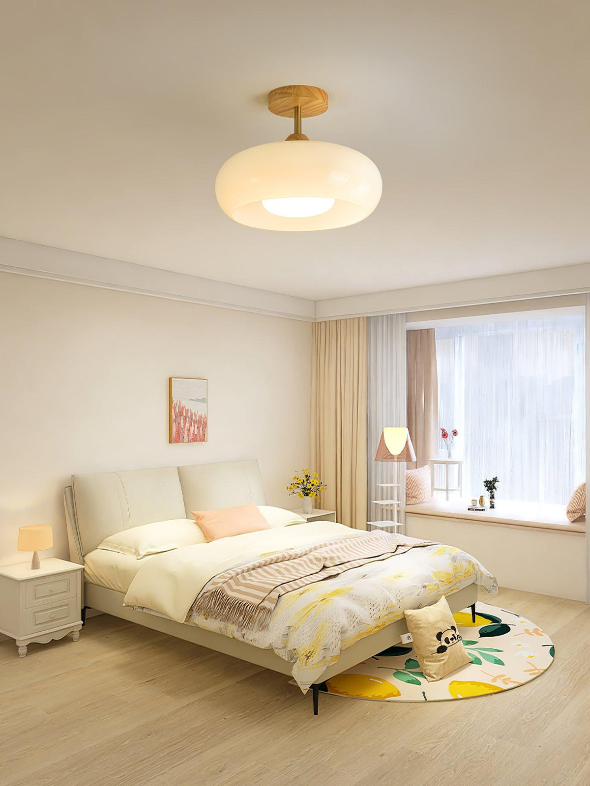 Ovale glazen houten plafondlamp