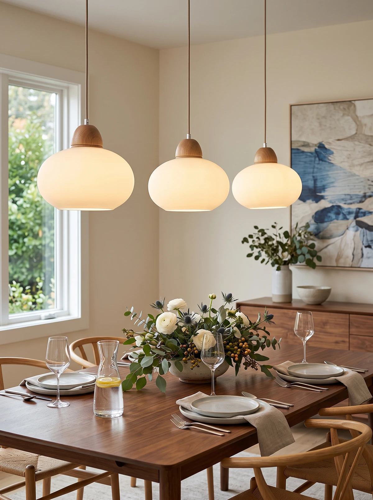 Hanglamp van melkglas en hout