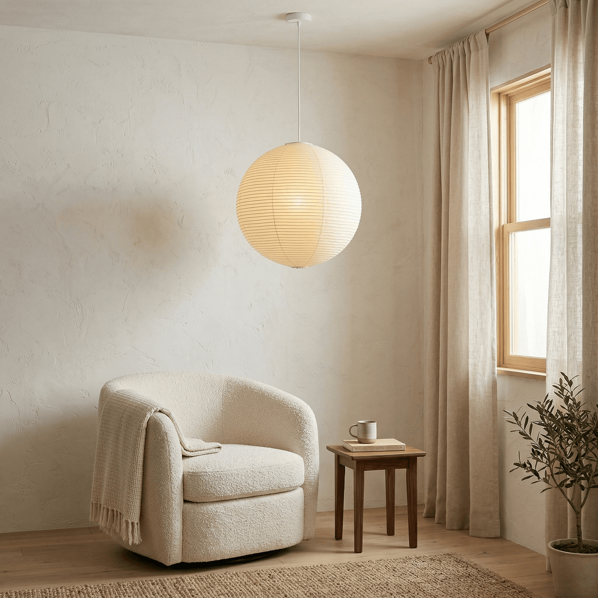 Hanglamp in washipapier in de vorm van een wereldbol