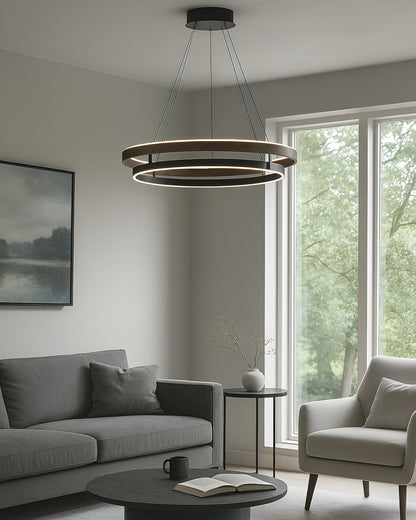 Walnootkleurige LED-kroonluchter met dubbele ringen