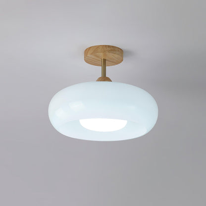 Ovale glazen houten plafondlamp