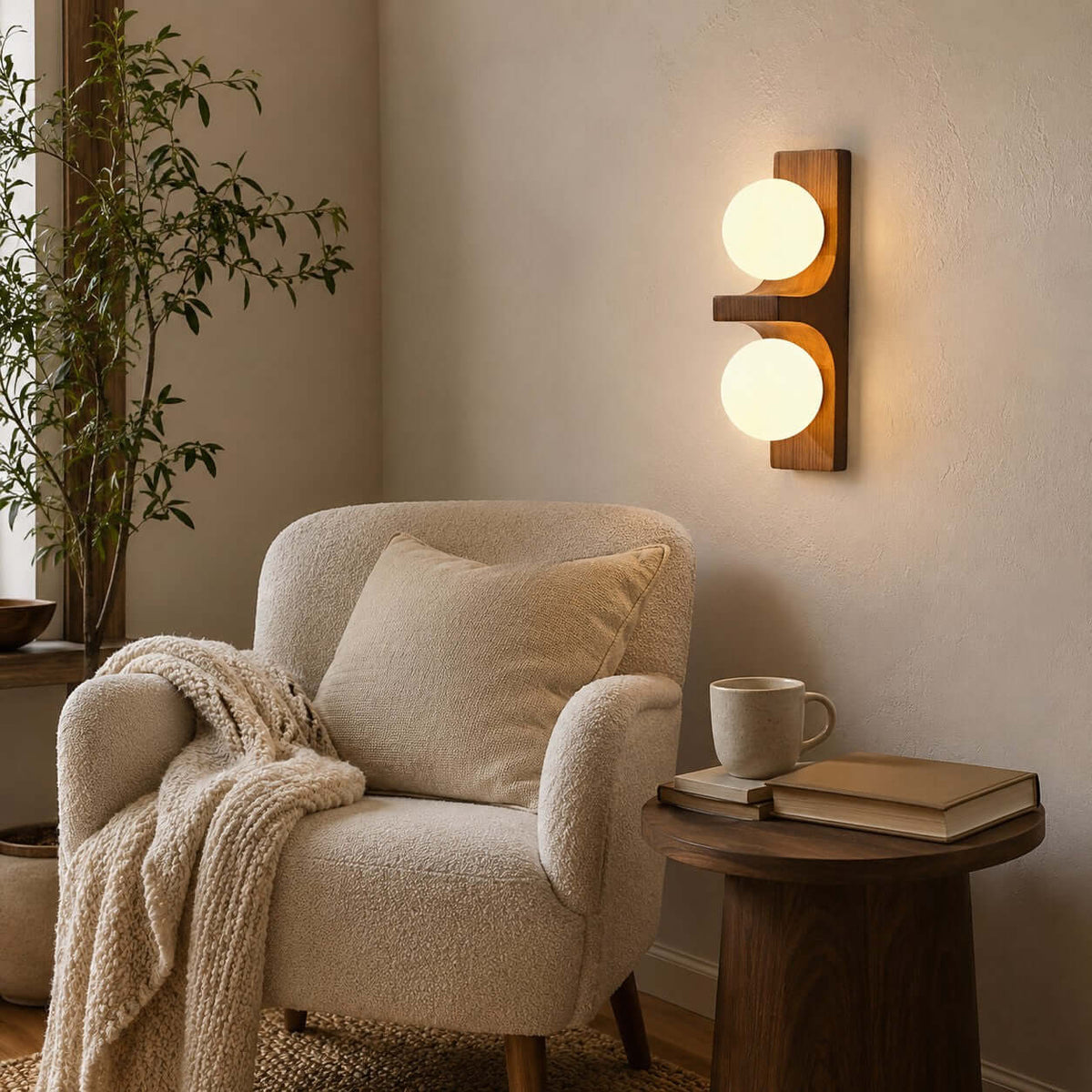 Dubbele wandlamp van hout met globes