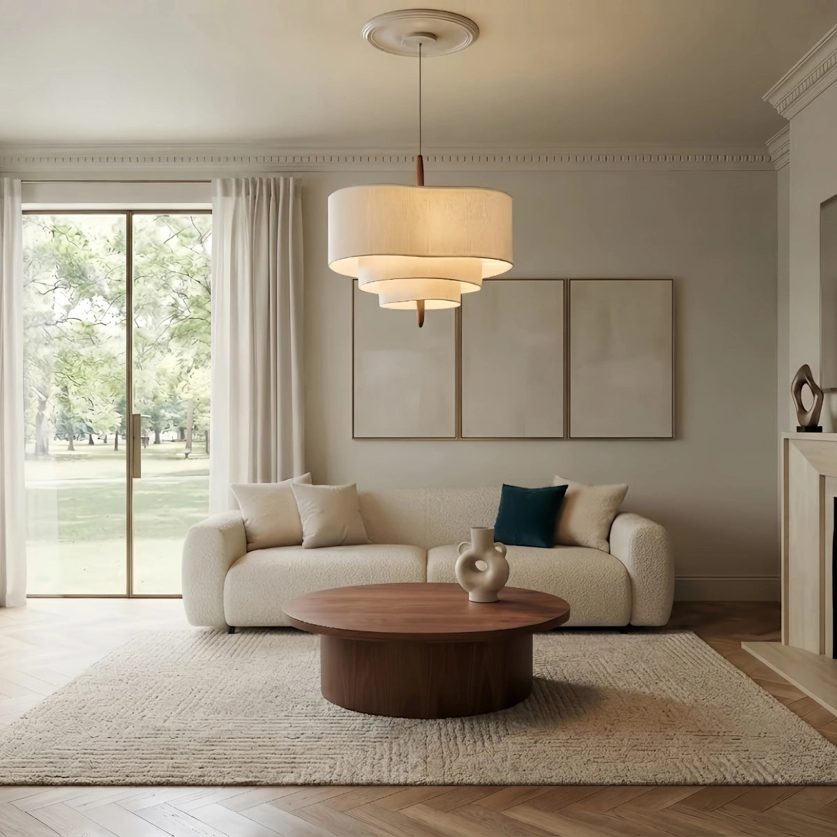 Gelaagde stoffen hanglamp van walnootkleurig hout