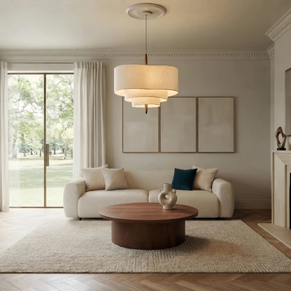 Gelaagde stoffen hanglamp van walnootkleurig hout