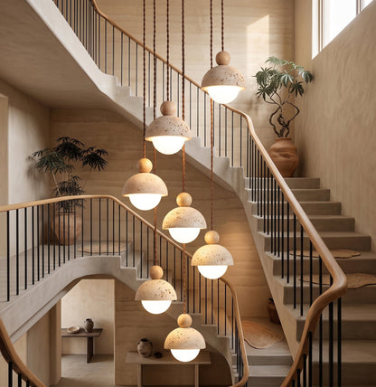 Travertijnen koepelvormige houten hanglamp