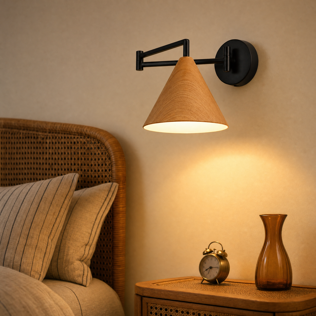 Linnoro Scandinavische wandlamp met zwenkarm en houteffect