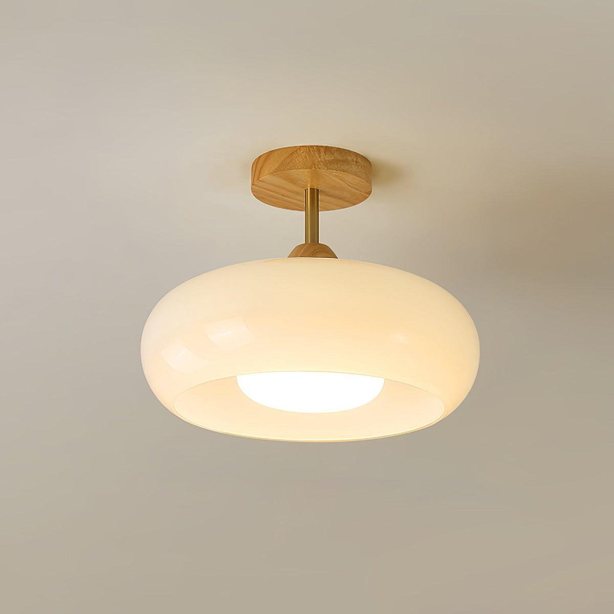 Ovale glazen houten plafondlamp