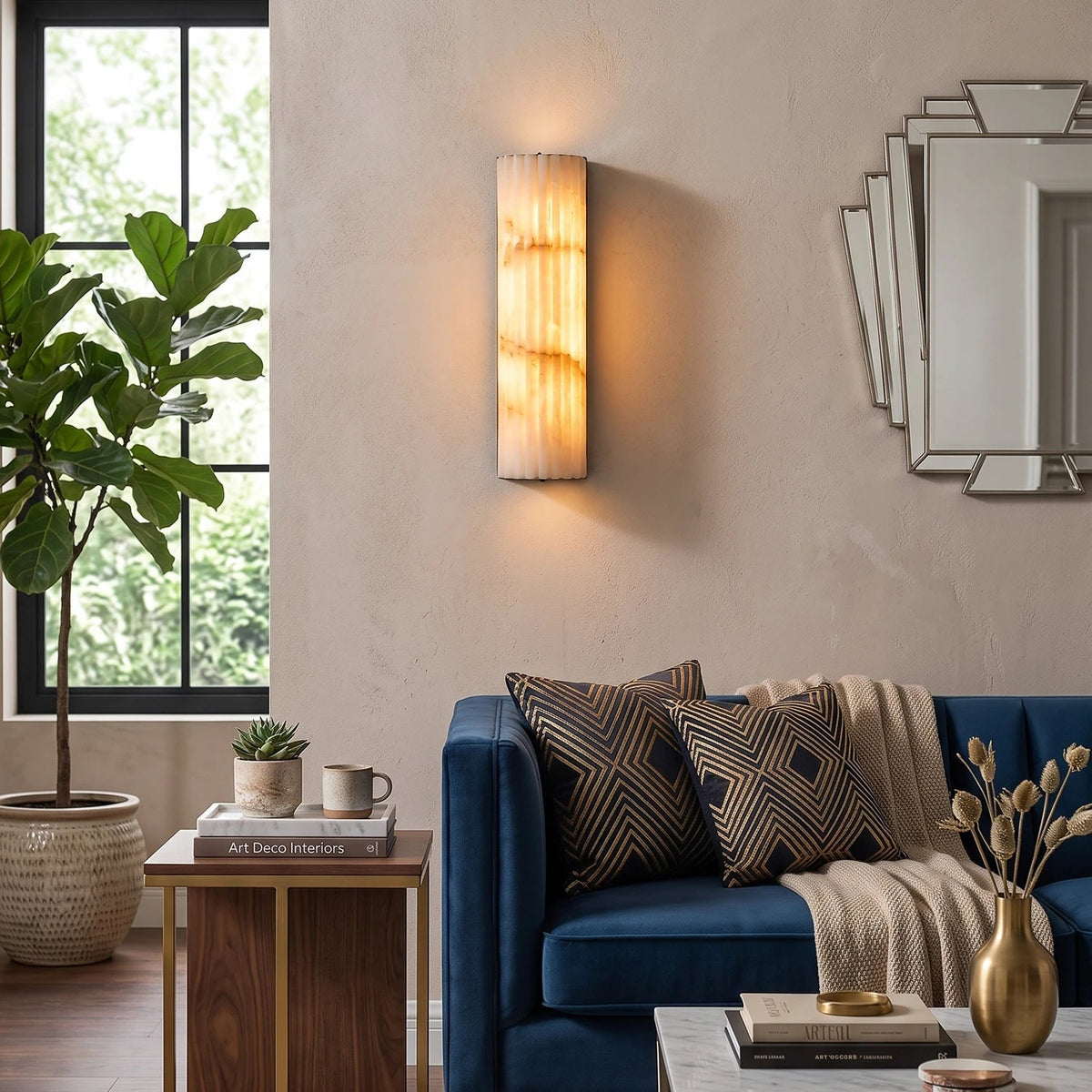 Minimalistische gegroefde albasten wandlamp Rivenna