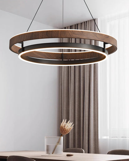 Walnootkleurige LED-kroonluchter met dubbele ringen