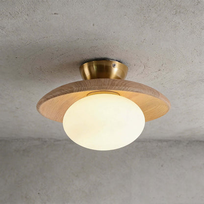 Houten schijfvormige opalen plafondlamp
