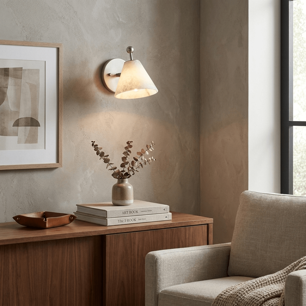 Alabasterkleurige wandlamp in kegelvorm
