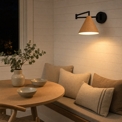 Linnoro Scandinavische wandlamp met zwenkarm en houteffect