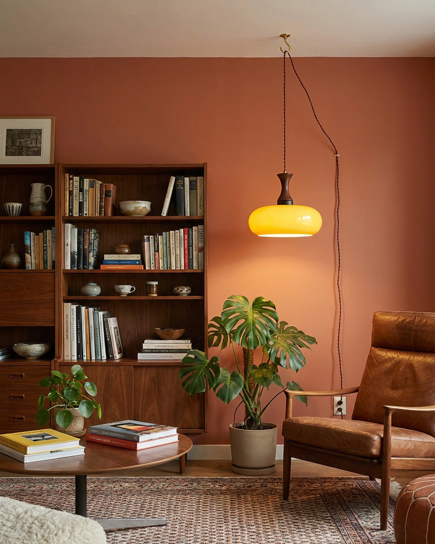 Amberkleurige glazen hanglamp met stekker