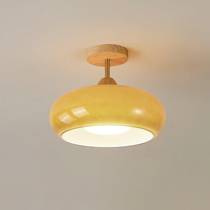 Ovale glazen houten plafondlamp