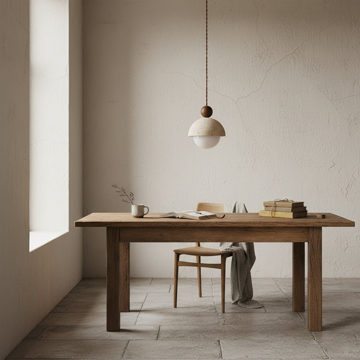 Travertijnen koepelvormige houten hanglamp