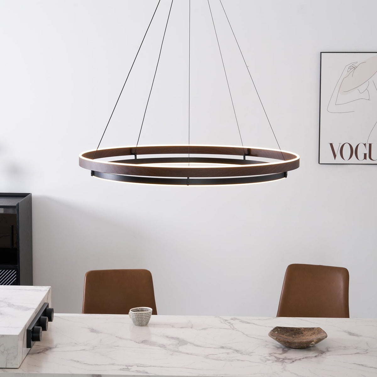 Walnootkleurige LED-kroonluchter met dubbele ringen