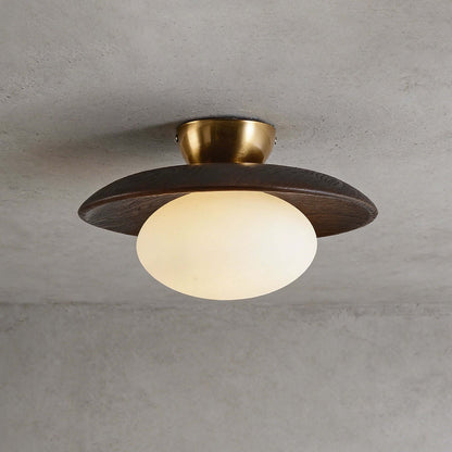Houten schijfvormige opalen plafondlamp