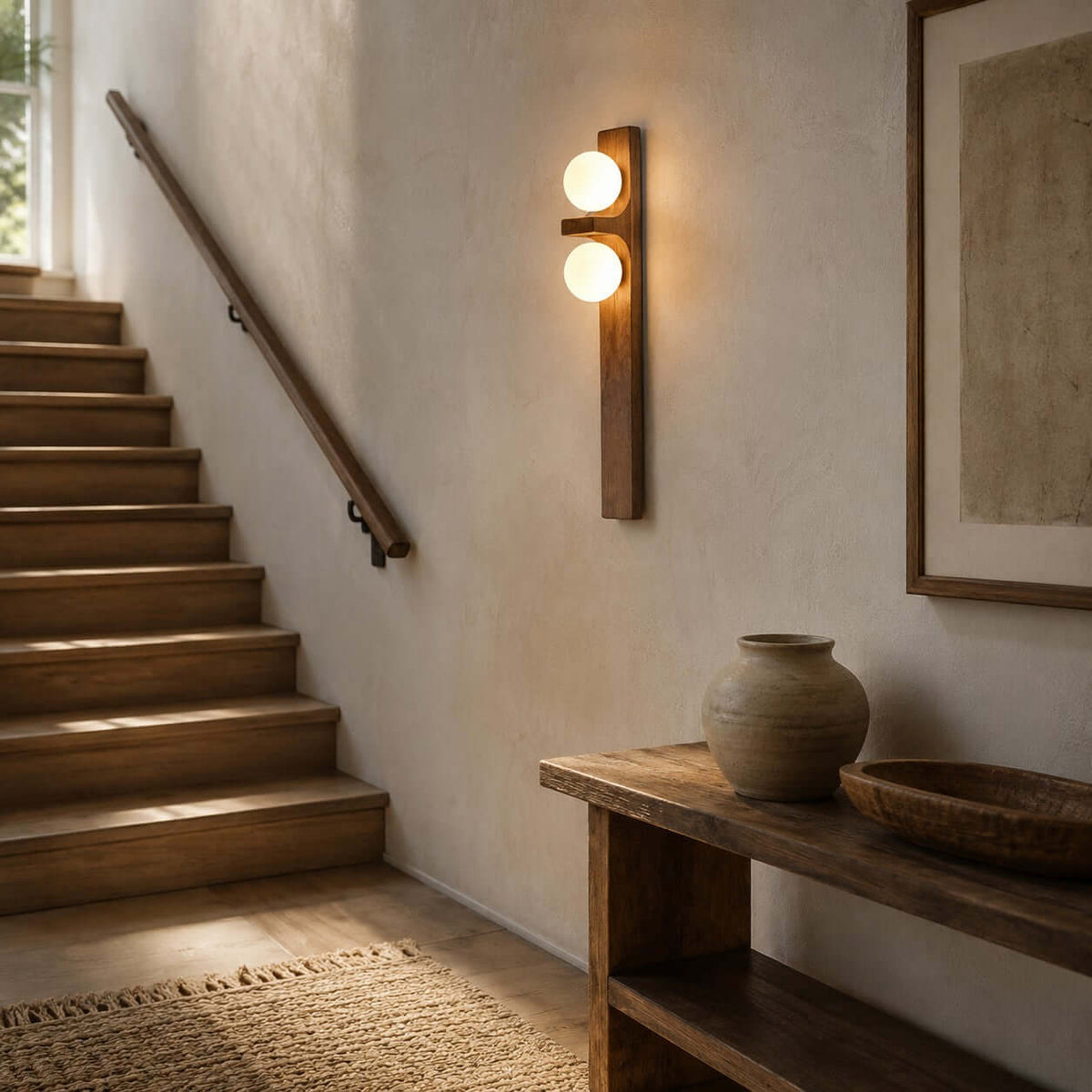 Dubbele wandlamp van hout met globes