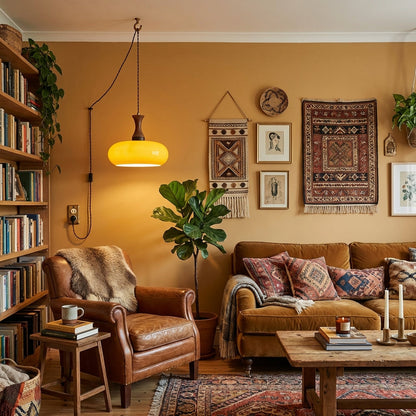Amberkleurige glazen hanglamp met stekker