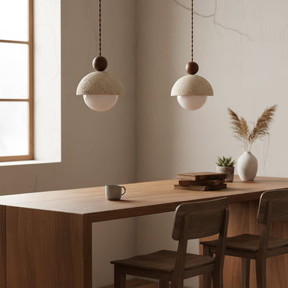 Travertijnen koepelvormige houten hanglamp