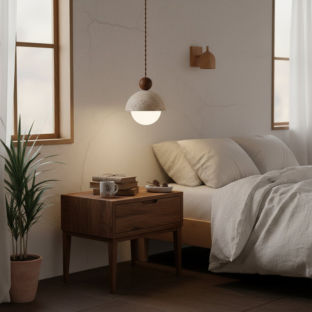 Travertijnen koepelvormige houten hanglamp