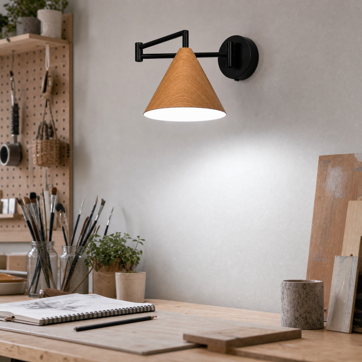 Linnoro Scandinavische wandlamp met zwenkarm en houteffect