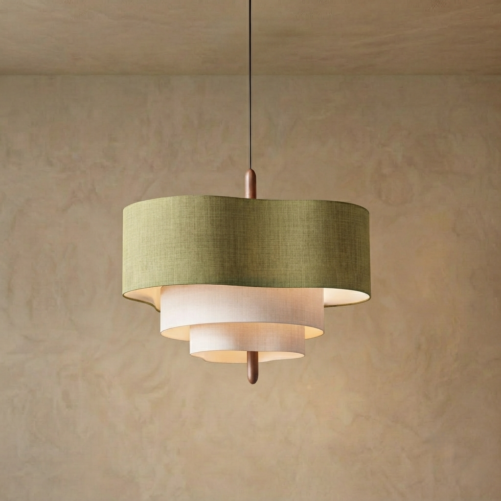 Gelaagde stoffen hanglamp van walnootkleurig hout