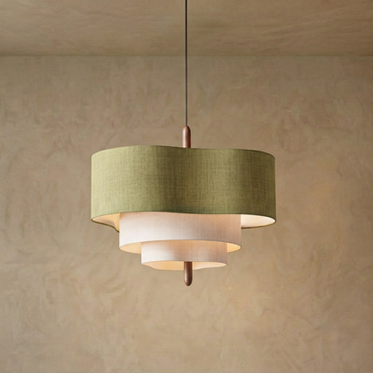 Gelaagde stoffen hanglamp van walnootkleurig hout