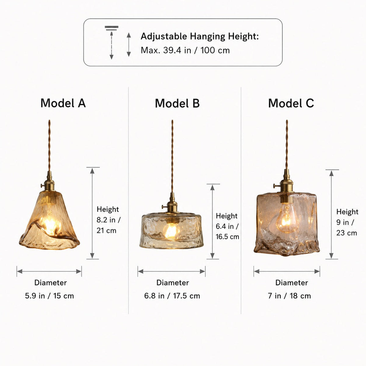 Vintage messingkleurige hanglamp met amberkleurig glas