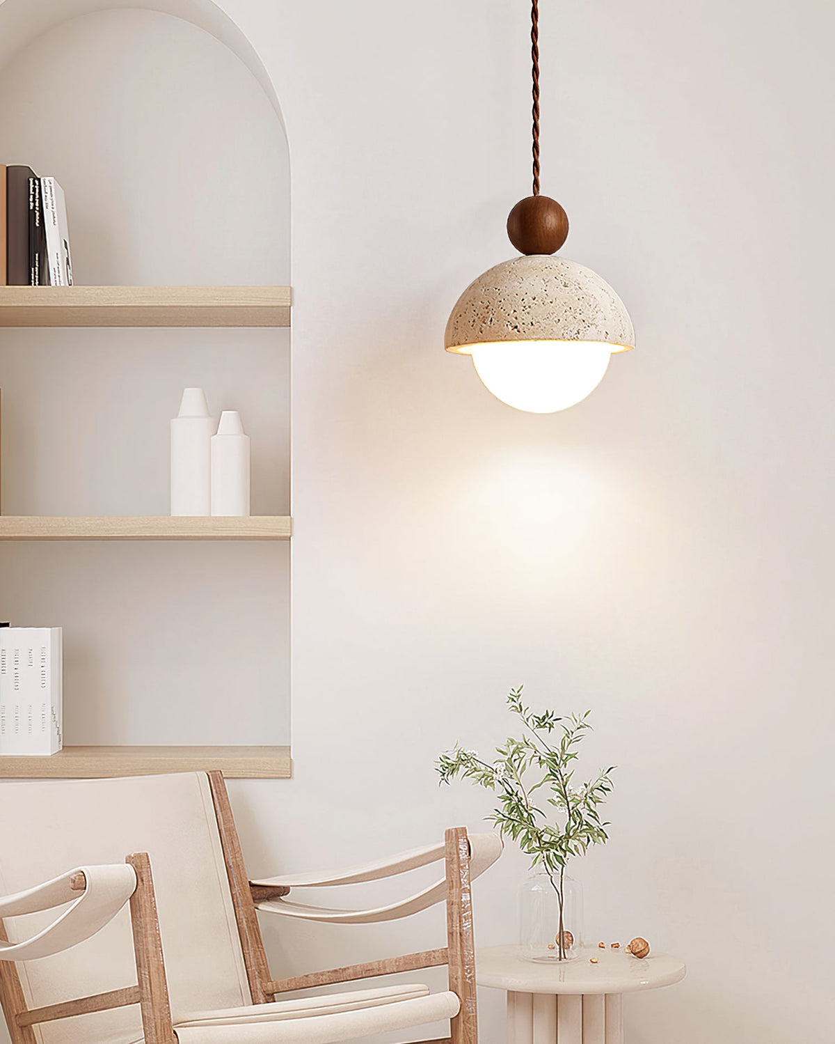 Travertijnen koepelvormige houten hanglamp