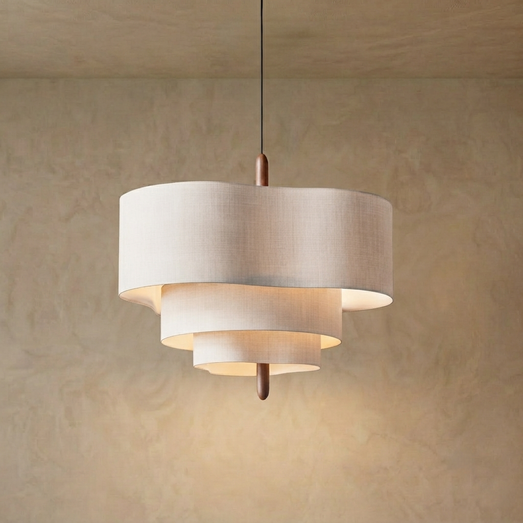 Gelaagde stoffen hanglamp van walnootkleurig hout