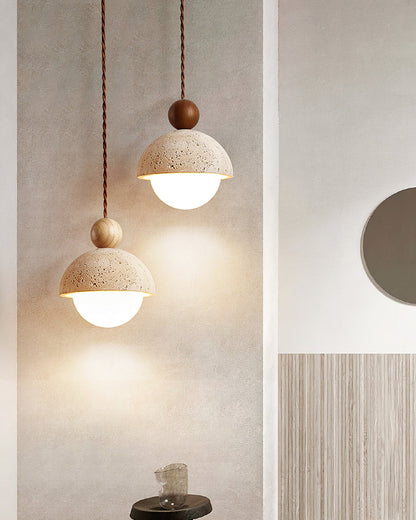 Travertijnen koepelvormige houten hanglamp