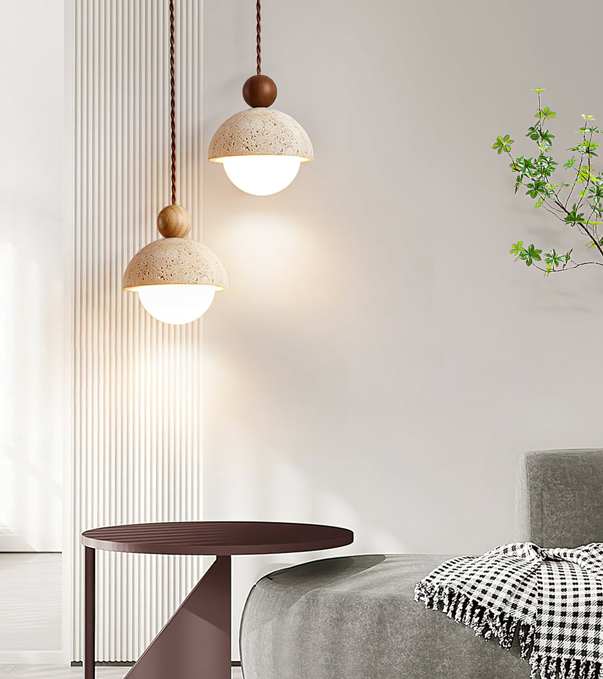 Travertijnen koepelvormige houten hanglamp