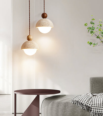 Travertijnen koepelvormige houten hanglamp