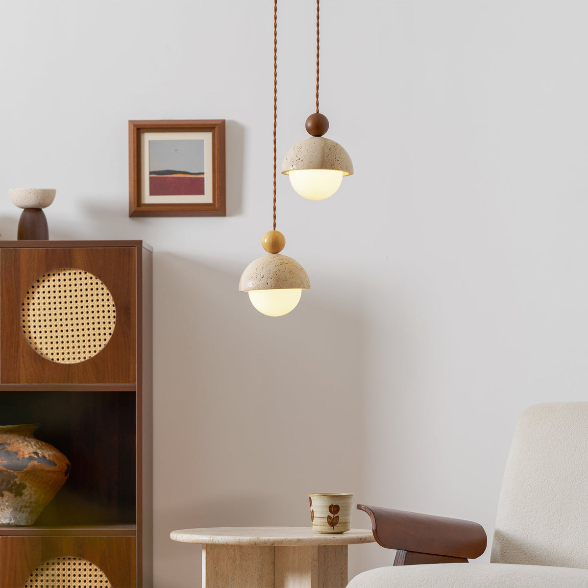 Travertijnen koepelvormige houten hanglamp