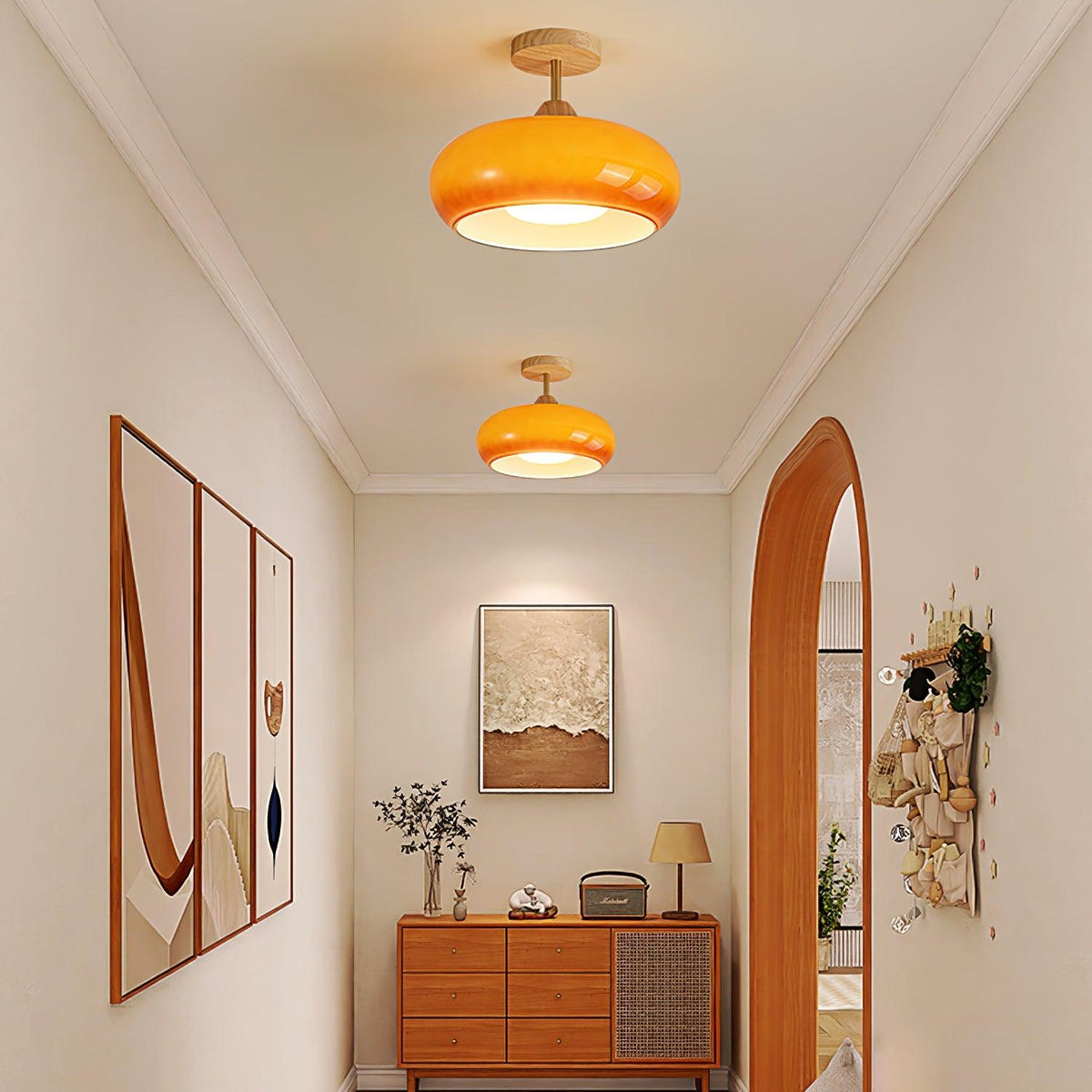 Ovale glazen houten plafondlamp