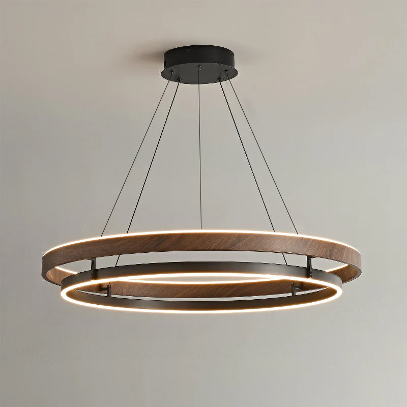 Walnootkleurige LED-kroonluchter met dubbele ringen