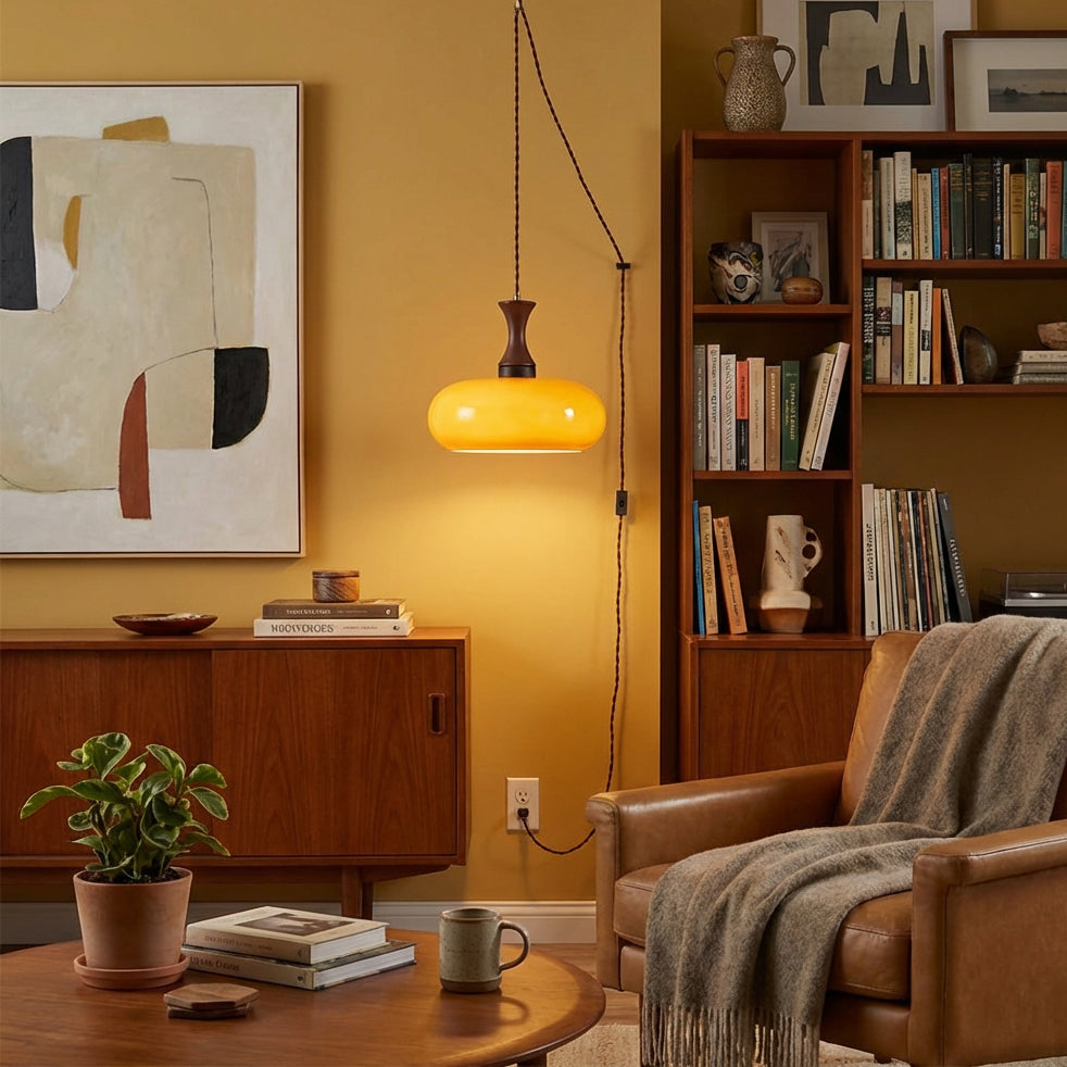 Amberkleurige glazen hanglamp met stekker