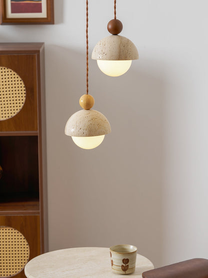 Travertijnen koepelvormige houten hanglamp