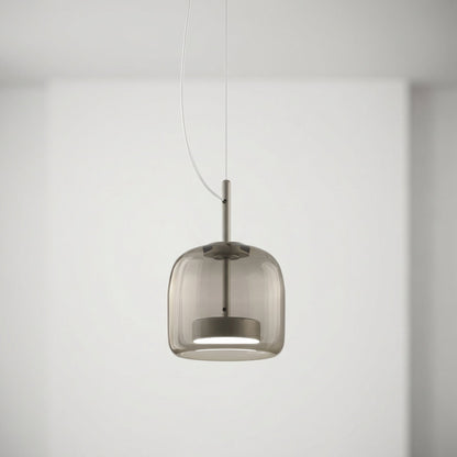 Hanglamp met getinte glazen kap en trommelvormige lampenkap
