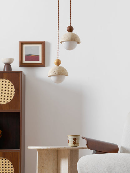 Travertijnen koepelvormige houten hanglamp