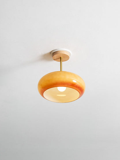 Ovale glazen houten plafondlamp
