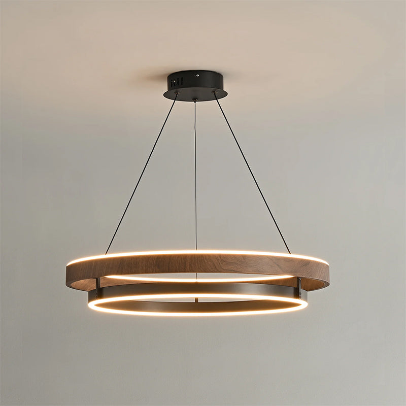 Walnootkleurige LED-kroonluchter met dubbele ringen