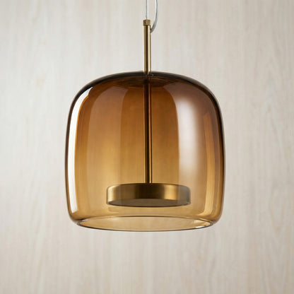 Hanglamp met getinte glazen kap en trommelvormige lampenkap