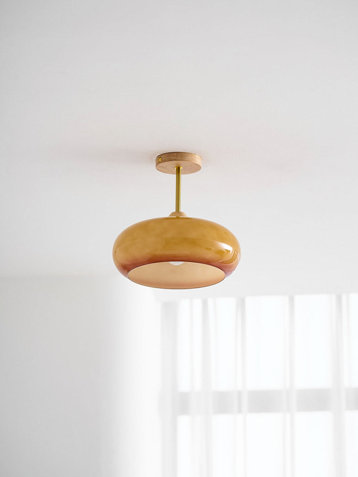 Ovale glazen houten plafondlamp