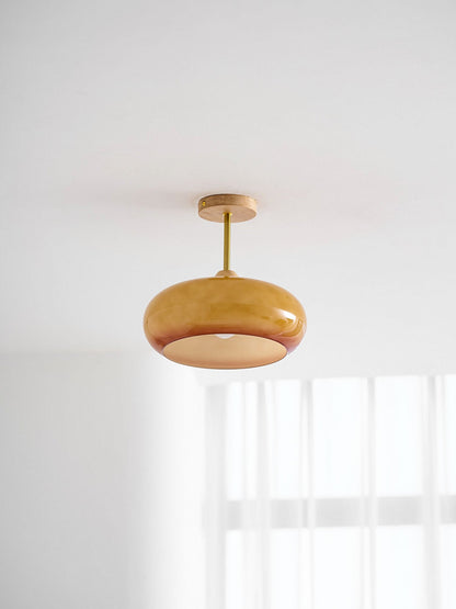 Ovale glazen houten plafondlamp