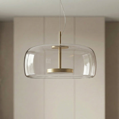 Hanglamp met getinte glazen kap en trommelvormige lampenkap