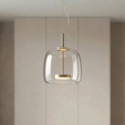 Hanglamp met getinte glazen kap en trommelvormige lampenkap