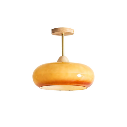 Ovale glazen houten plafondlamp