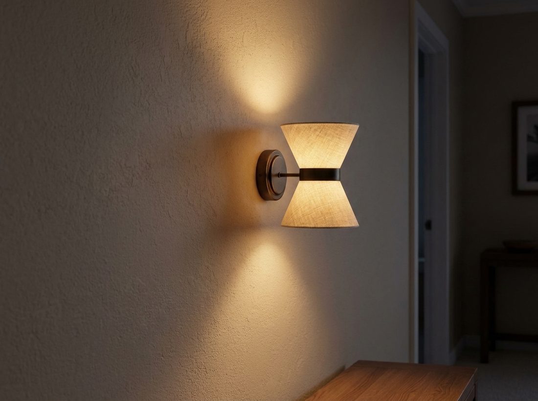 Dubbele kegelwandlamp die een pleistermuur verlicht